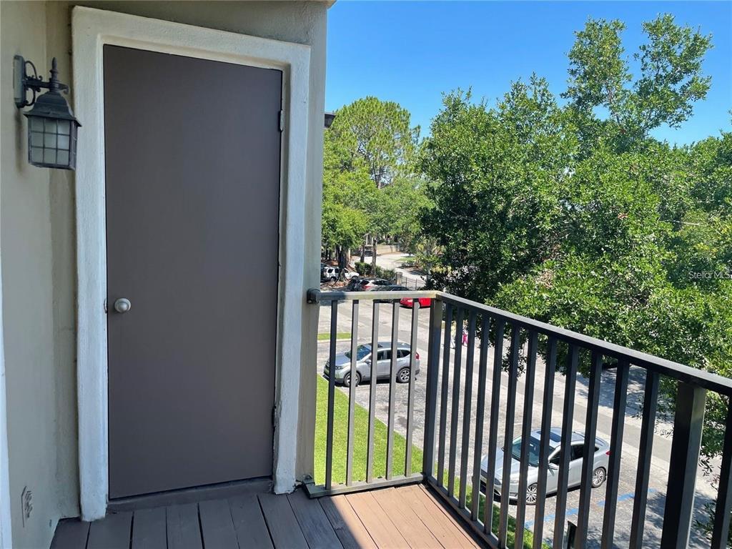 A balcony with a brown door, a wall-mounted light fixture, and a black metal railing — 216 AFTON SQUARE UNIT 309, ALTAMONTE SPRINGS, FL