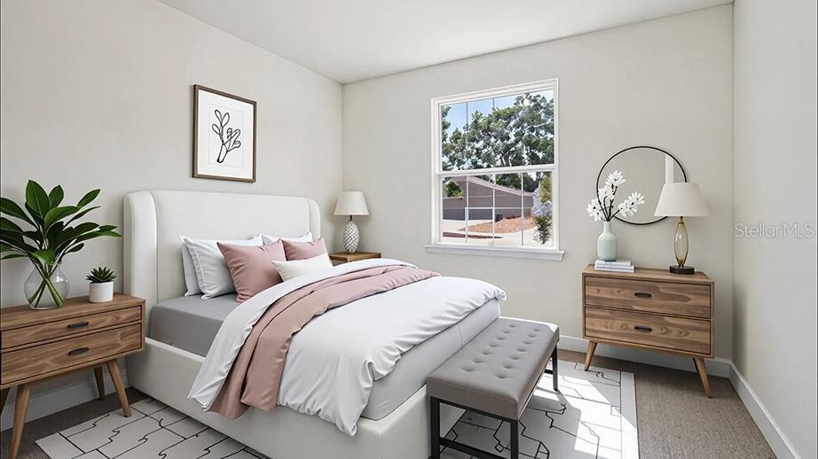 This rendering shows a bedroom with a bed, two wooden dressers, and a window — 17035 NW 180TH TERRACE, ALACHUA, FL