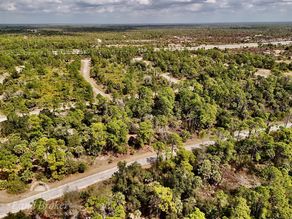 An aerial view shows a paved road winding through a wooded, undeveloped landscape — IRONSIDE STREET, NORTH PORT, FL