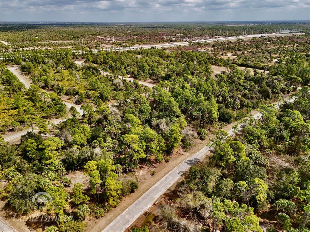 An aerial view shows a paved road winding through a wooded, undeveloped residential area — IRONSIDE STREET, NORTH PORT, FL