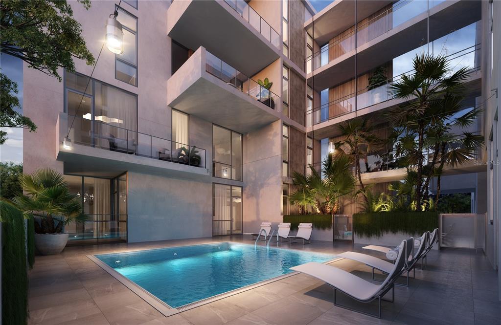 This is a rendering of a modern apartment building courtyard featuring a swimming pool and loungers — 430 KUMQUAT COURT UNIT 206, SARASOTA, FL