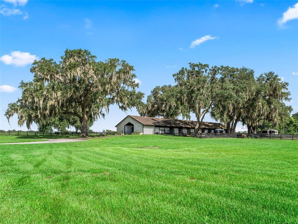 A long, single-story barn sits in a grassy field surrounded by large, moss-draped oak trees — 15351 SE 57TH TERRACE, SUMMERFIELD, FL