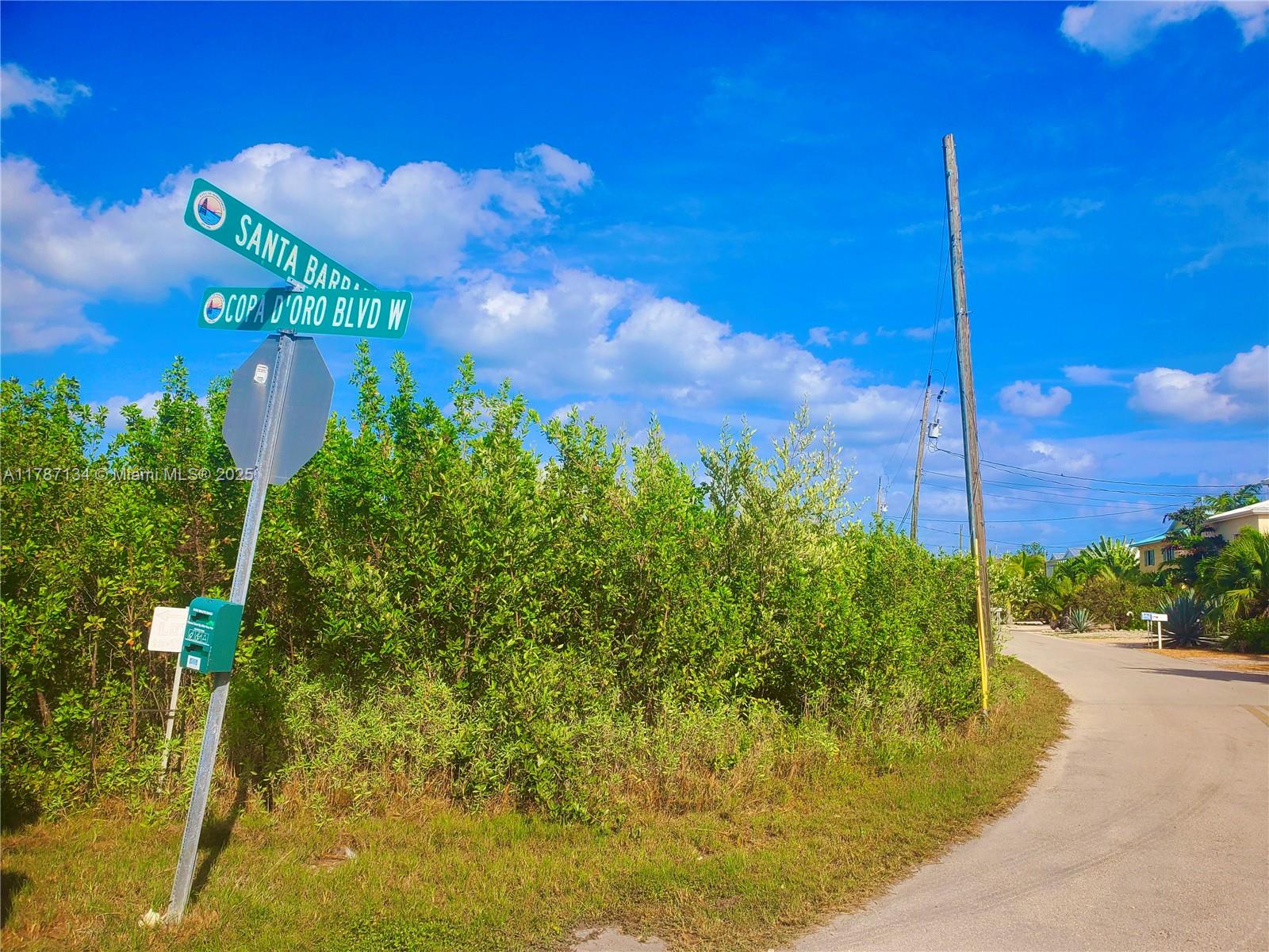 A street sign for Santa Barbara and Copa D'Oro Blvd W stands beside a dirt road — 0 Santa Barbara, Marathon FL 33050, MARATHON, FL
