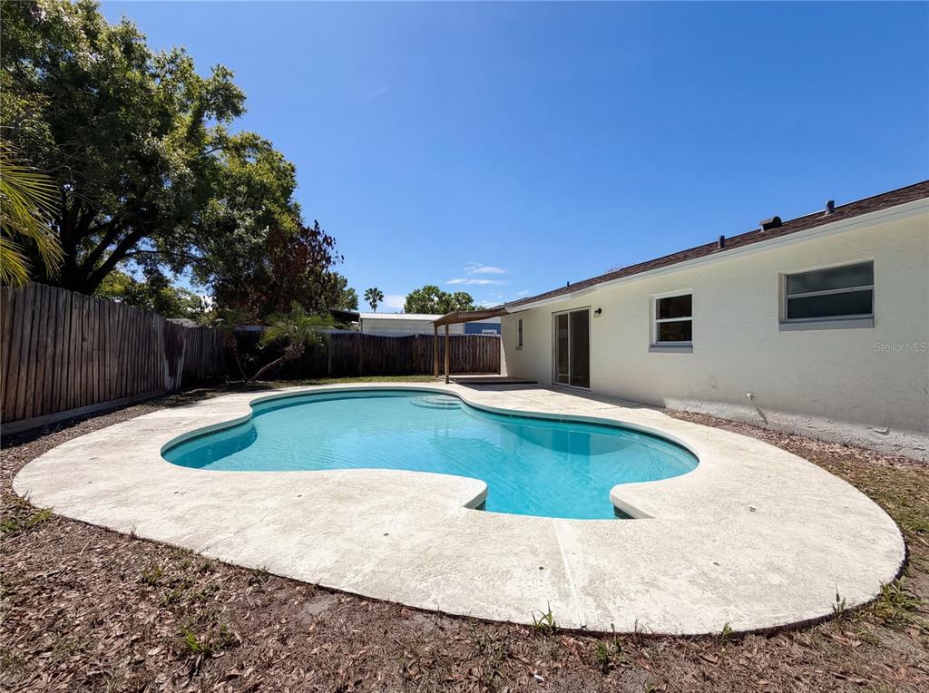 A backyard features a kidney-shaped swimming pool, a concrete deck, and a white house exterior — 909 WINCHESTER COURT, BRANDON, FL