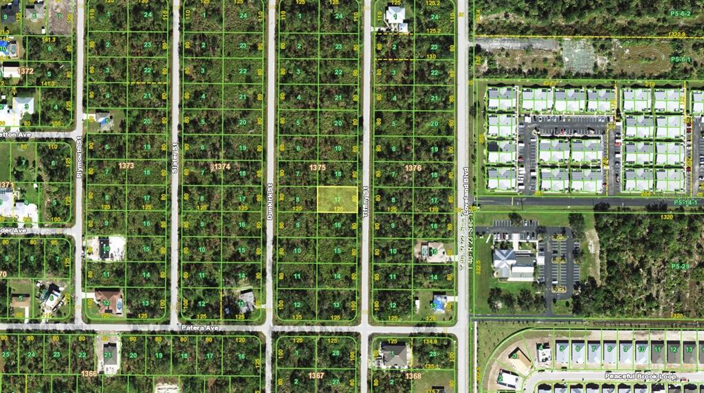 This is an aerial map showing residential lots and streets in a wooded area — 3295 TIFFINY STREET, PUNTA GORDA, FL
