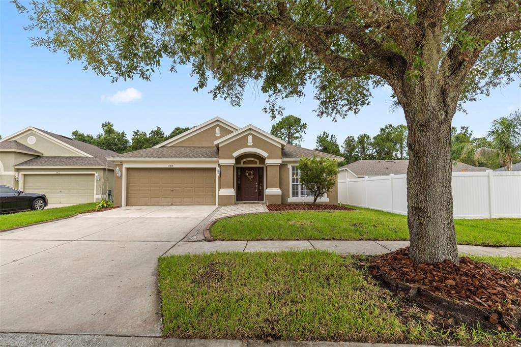 A single-story suburban house with a tan exterior, two-car garage, and a large front tree — 5417 ALGERINE PL, WESLEY CHAPEL, FL