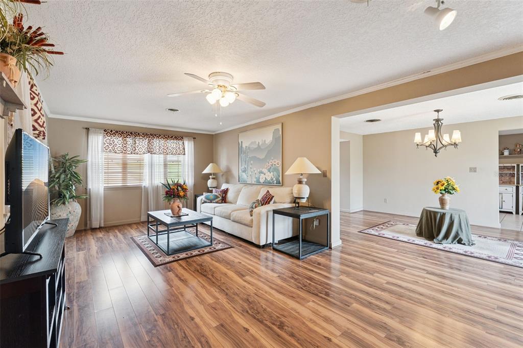 A living room with wood-look flooring, a white sofa, and an adjacent dining area — 17561 COUNTY ROAD 455, MONTVERDE, FL