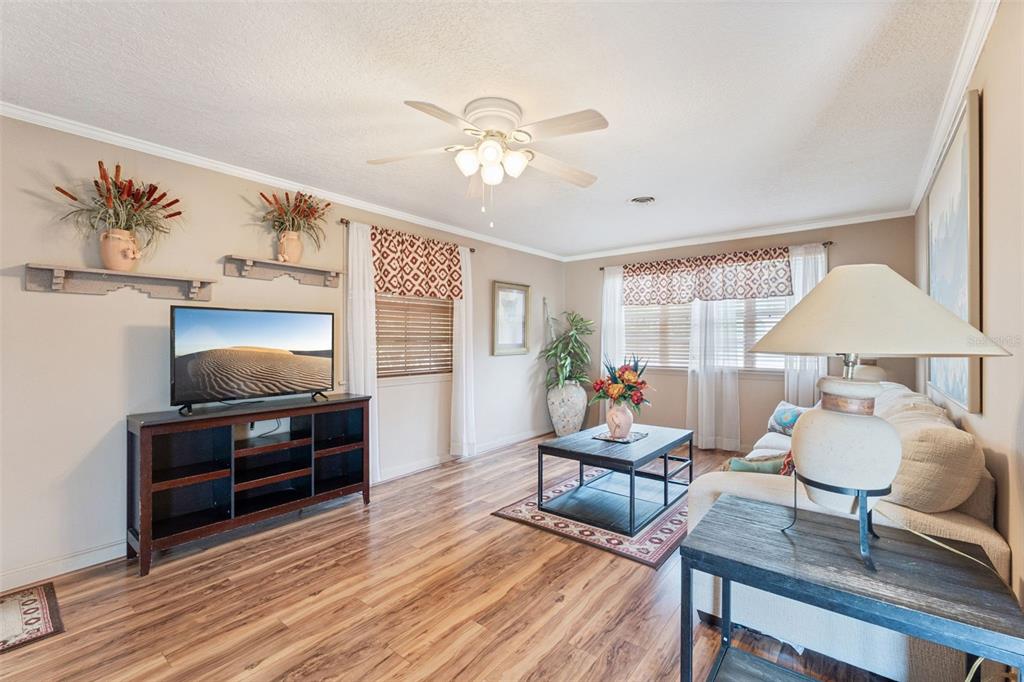 A living room features wood-look flooring, a ceiling fan, a television console, and a sofa — 17561 COUNTY ROAD 455, MONTVERDE, FL