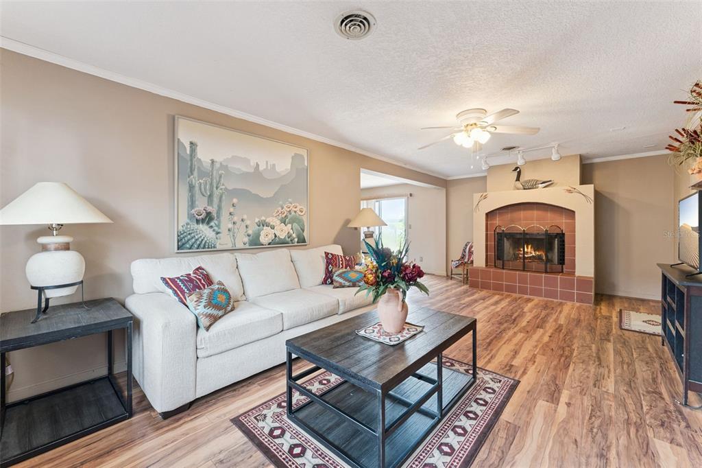 A living room features a white sofa, a fireplace, and wood-look flooring — 17561 COUNTY ROAD 455, MONTVERDE, FL