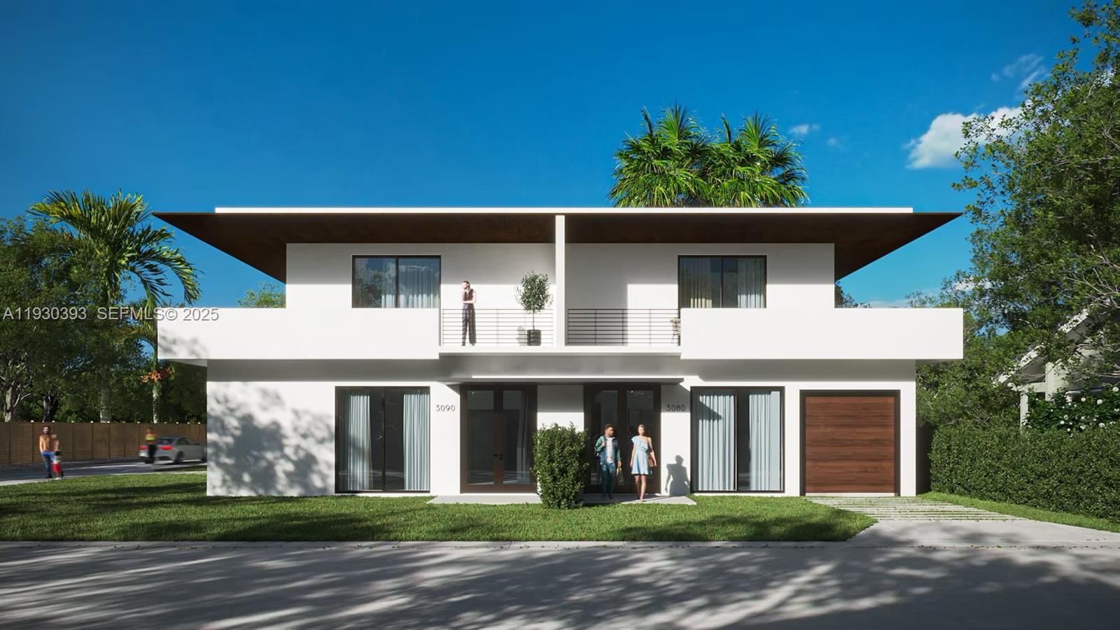 This is a rendering of a modern two-story duplex with a flat roof and balcony — 3090 Hibiscus St, Miami FL 33133, MIAMI, FL