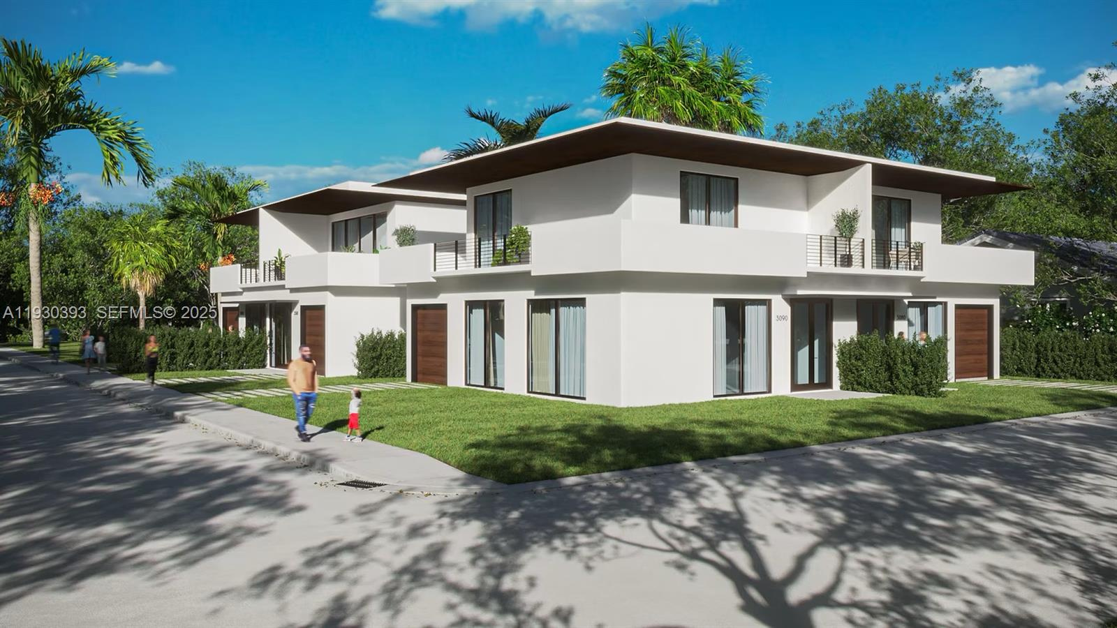 This is a rendering of a modern two-story duplex with white walls and flat roofs — 3090 Hibiscus St, Miami FL 33133, MIAMI, FL