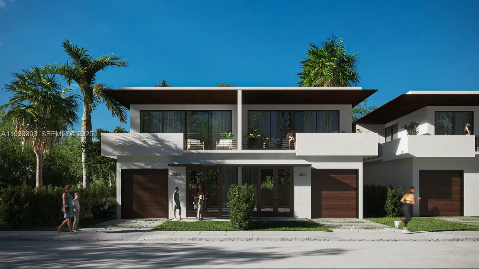 This architectural rendering shows the exterior of a modern two-story duplex with balconies and garages — 3090 Hibiscus St, Miami FL 33133, MIAMI, FL