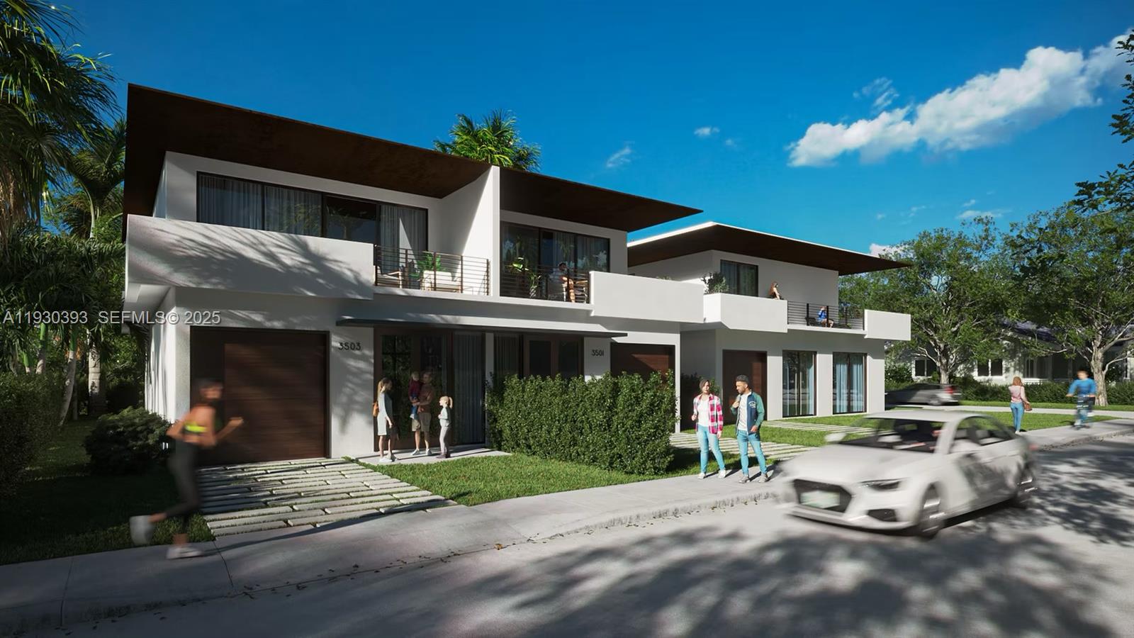 This is a rendering of a modern two-story duplex with balconies and attached garages — 3090 Hibiscus St, Miami FL 33133, MIAMI, FL