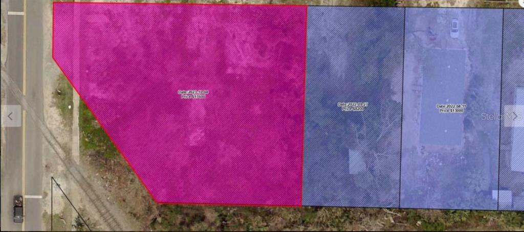 An aerial map view shows three adjacent rectangular land parcels highlighted in pink and blue — 3502 E 5TH STREET, PANAMA CITY, FL