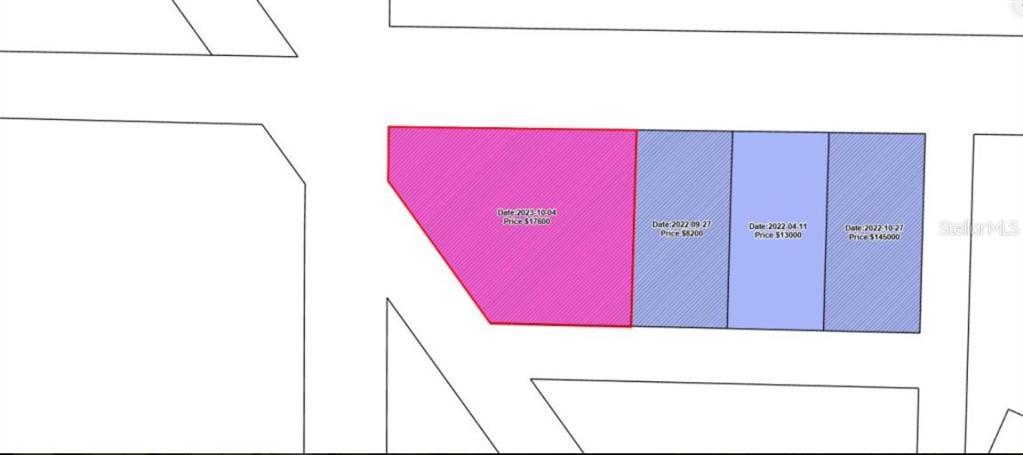 This is a map showing four adjacent land parcels with their respective sale dates and prices — 3502 E 5TH STREET, PANAMA CITY, FL