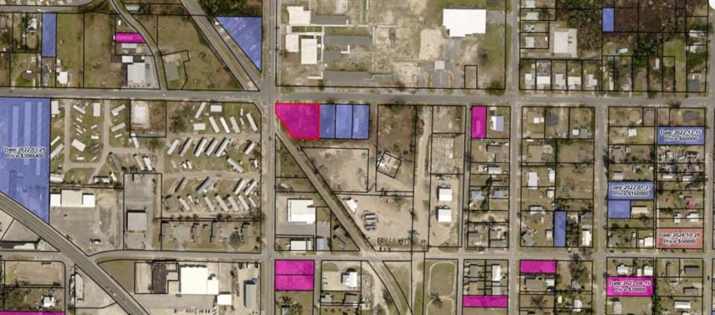 This is a map showing various land parcels with highlighted properties and associated sale data — 3502 E 5TH STREET, PANAMA CITY, FL