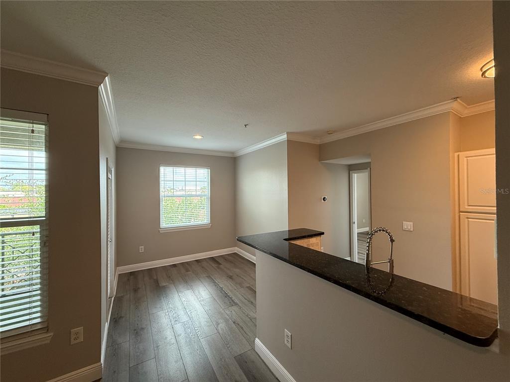 A view of a dining area with wood-look flooring, a kitchen counter, and two windows — 1910 E PALM AVENUE UNIT 11321, TAMPA, FL