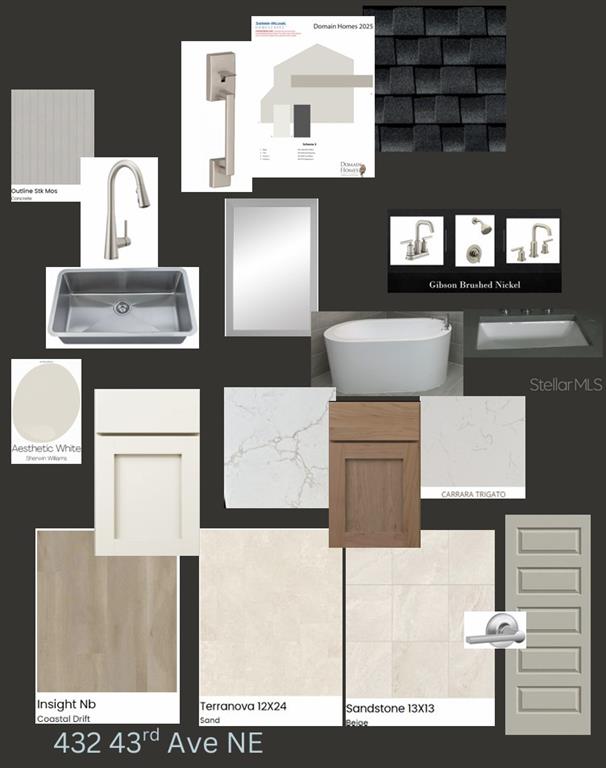 This image is a design board showing interior finish samples, fixtures, and color palettes — 432 43RD AVENUE NE, ST PETERSBURG, FL