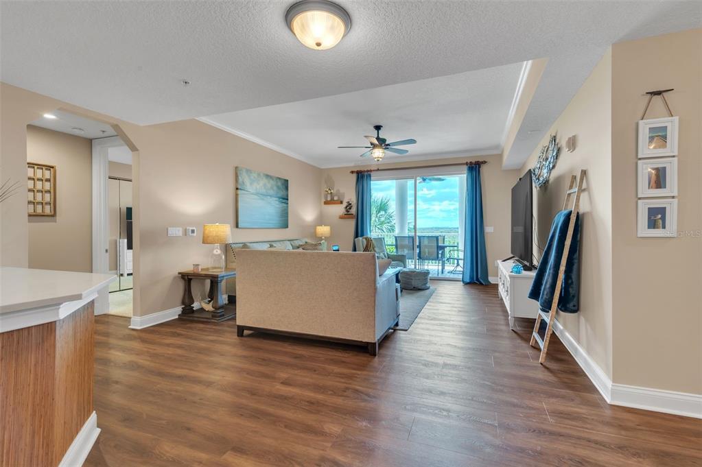 A living room features wood-look flooring, a beige sofa, a television, and a balcony view — 4672 RIVERWALK VILLAGE COURT UNIT 8203, PONCE INLET, FL