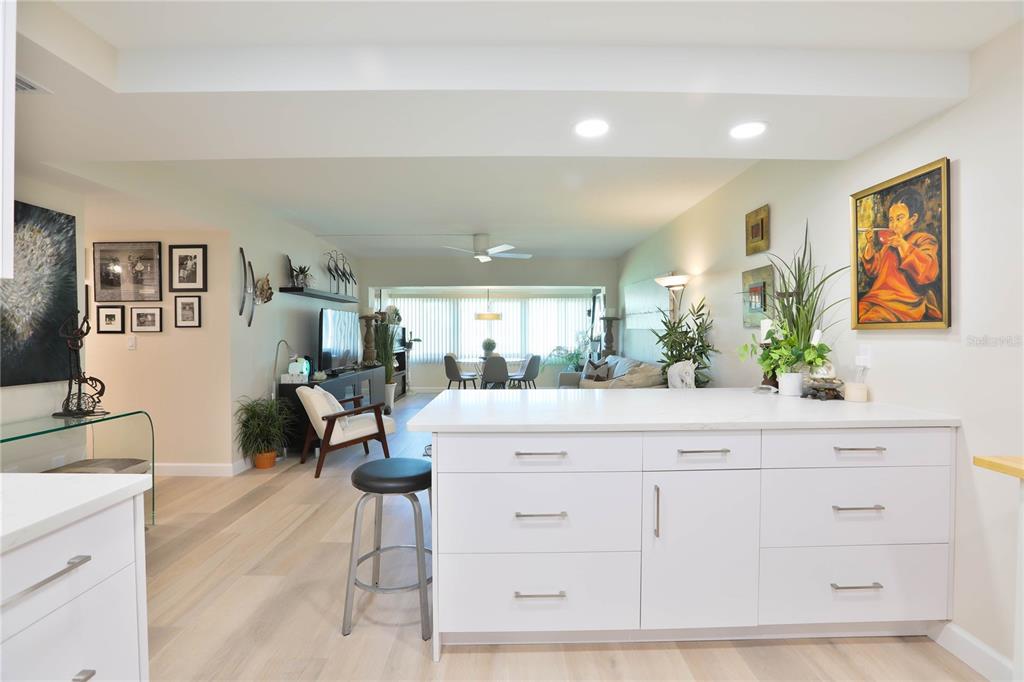 A white kitchen island sits in the foreground of an open-concept living and dining area — 4600 98TH WAY N UNIT 209, SEMINOLE, FL