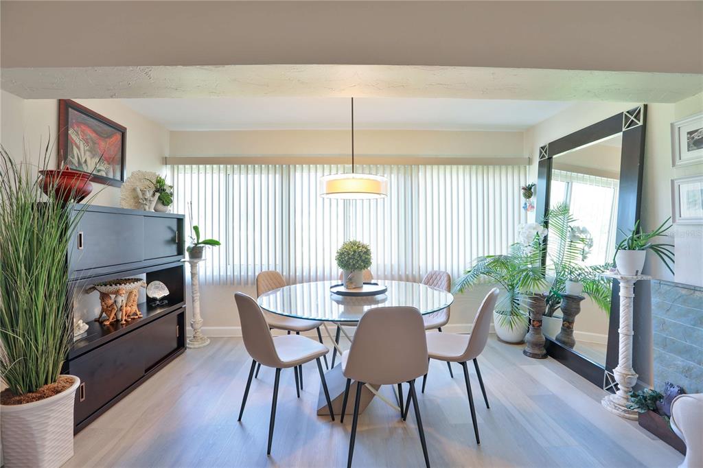 A dining room features a glass-topped table, four chairs, a large mirror, and vertical blinds — 4600 98TH WAY N UNIT 209, SEMINOLE, FL