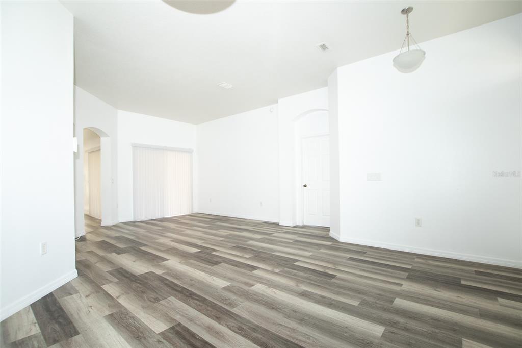 An empty living room features white walls, a white door, and grey wood-look flooring — 3858 SW 161ST STREET, OCALA, FL