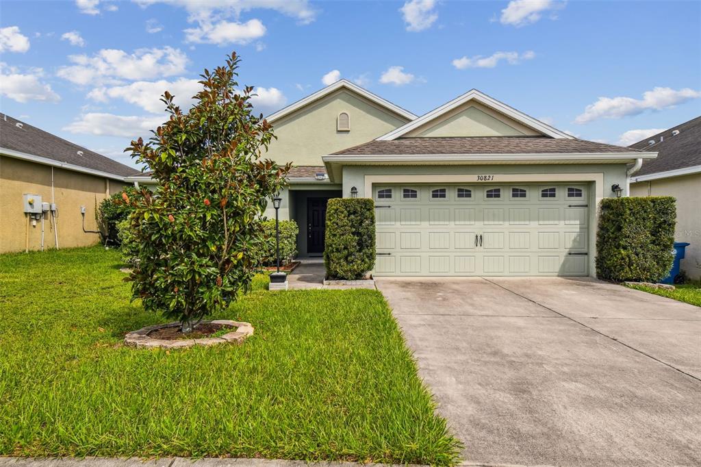 A single-story house with a light green exterior, a two-car garage, and a front lawn — 30821 WATER LILY DRIVE, BROOKSVILLE, FL