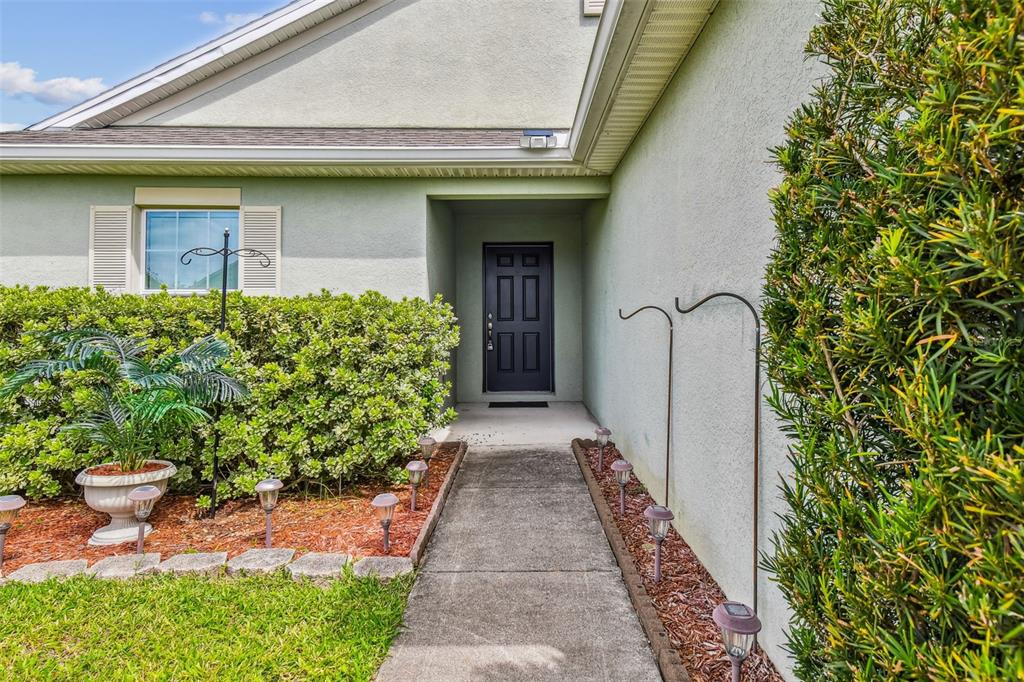 A concrete walkway leads to the dark front door of a house with light-colored siding — 30821 WATER LILY DRIVE, BROOKSVILLE, FL