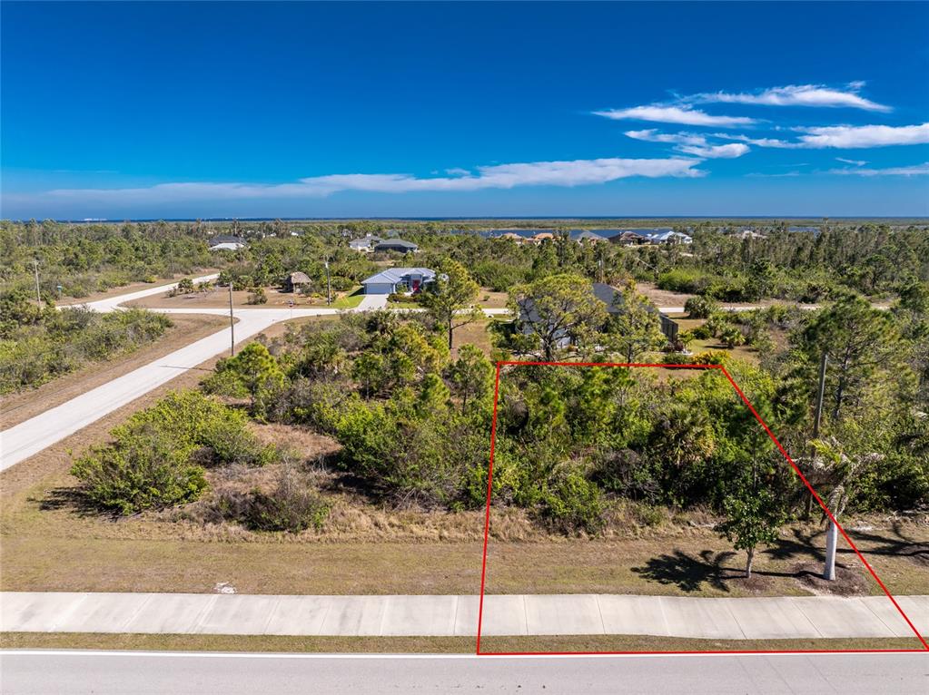 An aerial view shows a vacant, wooded residential lot outlined in red along a paved road — 10096 ST PAUL DRIVE, PORT CHARLOTTE, FL