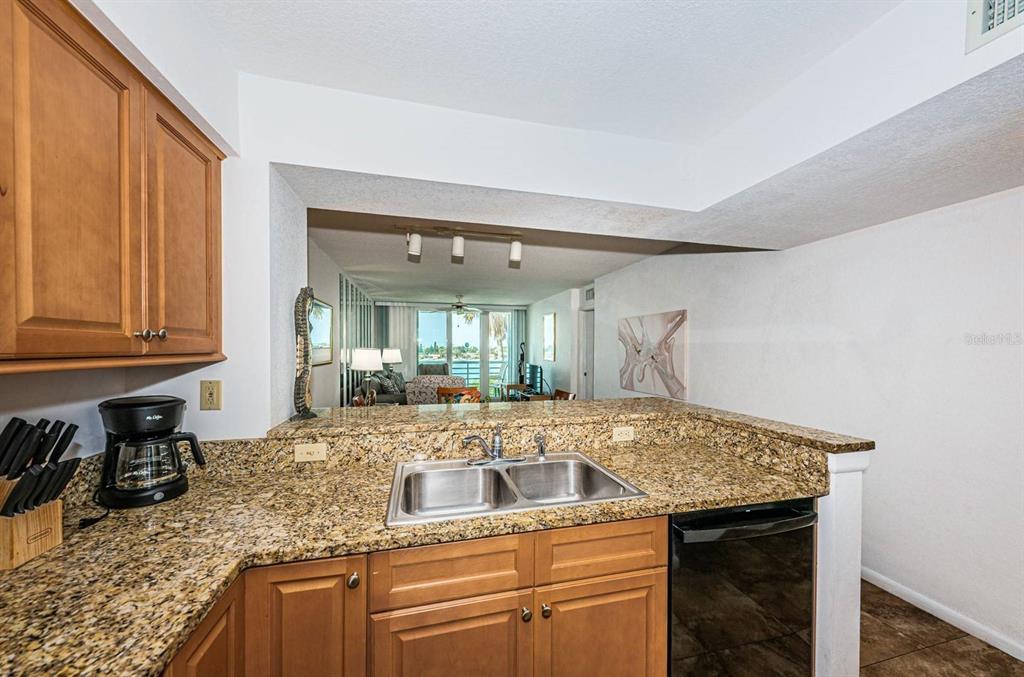 A kitchen with granite countertops and a double sink overlooks a living area with water views — 5801 BAHIA DEL MAR CIRCLE UNIT 512, ST PETERSBURG, FL
