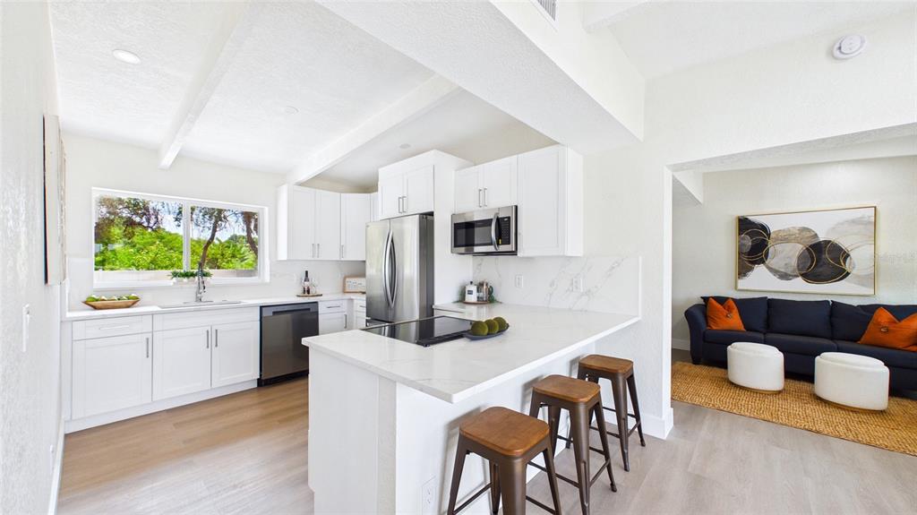 A modern kitchen with white cabinets and a breakfast bar opens into a living area — 4103 W PEARL AVENUE, TAMPA, FL