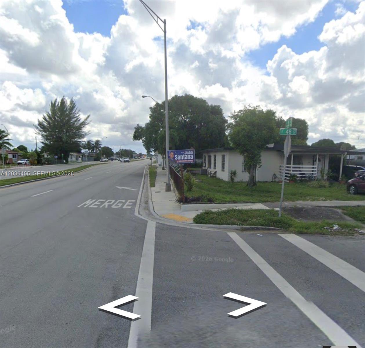 A street-level view shows a road with a merge lane and a nearby residential house — 790 E 48th St, Hialeah FL 33013, HIALEAH, FL