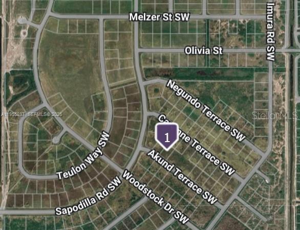 This is a satellite map showing a residential neighborhood with undeveloped lots and street names — 985 AKUND TER SW, Palm Bay FL 32908, PALM BAY, FL