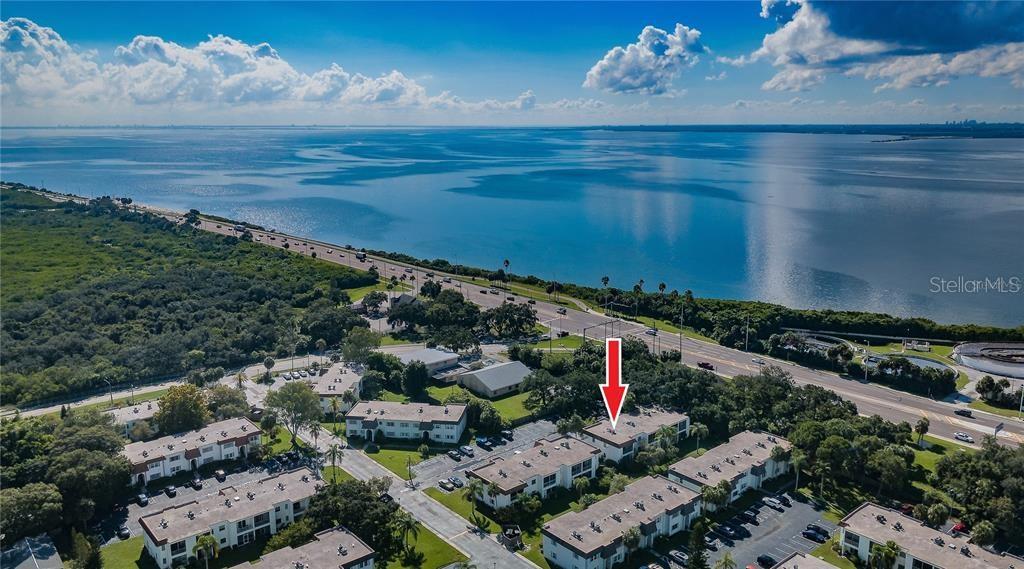 An aerial view shows a multi-unit residential complex located near a large body of water — 383 S MCMULLEN BOOTH ROAD UNIT 68, CLEARWATER, FL