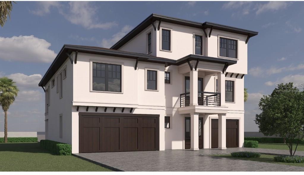 A digital rendering of a three-story modern house with a garage and a balcony — 5410 ALOHA DRIVE, ST PETE BEACH, FL