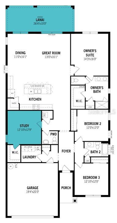 This is a floor plan for a single-story house featuring three bedrooms, a study, and garage — 11801 SEALIGHT STREET, VENICE, FL