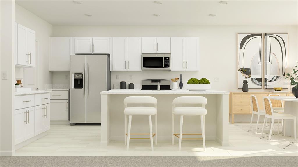 This is a digital rendering of a modern white kitchen with a central island and stools — 11918 VIOLET MOONSTONE DRIVE, PARRISH, FL