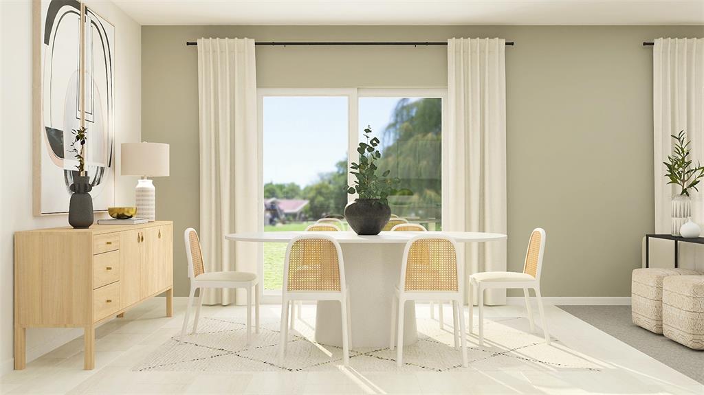 This rendering shows a dining room with a round table, cane chairs, and sliding doors — 11918 VIOLET MOONSTONE DRIVE, PARRISH, FL