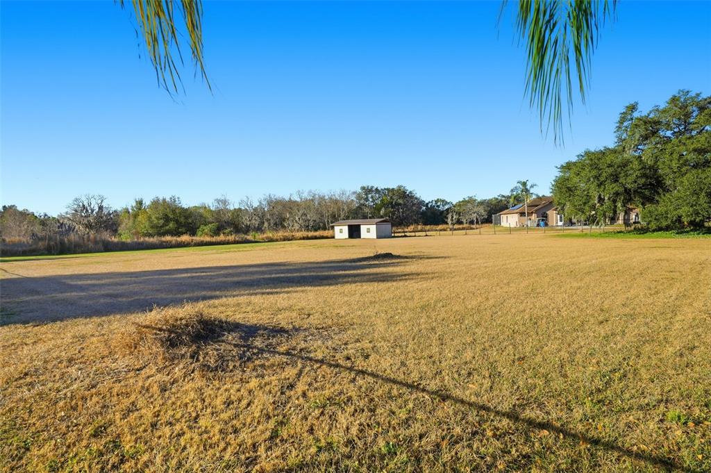 A large, dry grassy field features a small shed and a house in the distance — 7005 CRIPPLE CREEK ROAD, PLANT CITY, FL