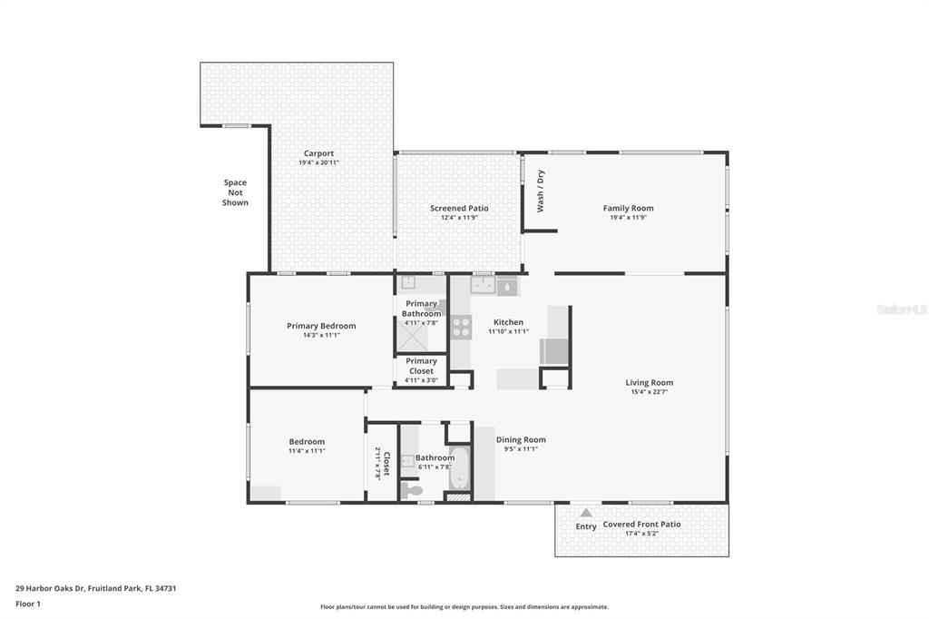 This is a floor plan showing the layout of a single-story residential home — 29 HARBOR OAKS DRIVE, FRUITLAND PARK, FL