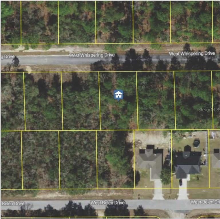 This is an aerial map showing a vacant, wooded residential lot marked with a house icon — 6562 W WHISPERING DRIVE, DUNNELLON, FL