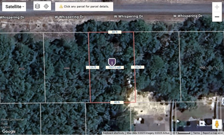 This is a satellite map view of a rectangular residential lot measuring 10,073 square feet — 6562 W WHISPERING DRIVE, DUNNELLON, FL