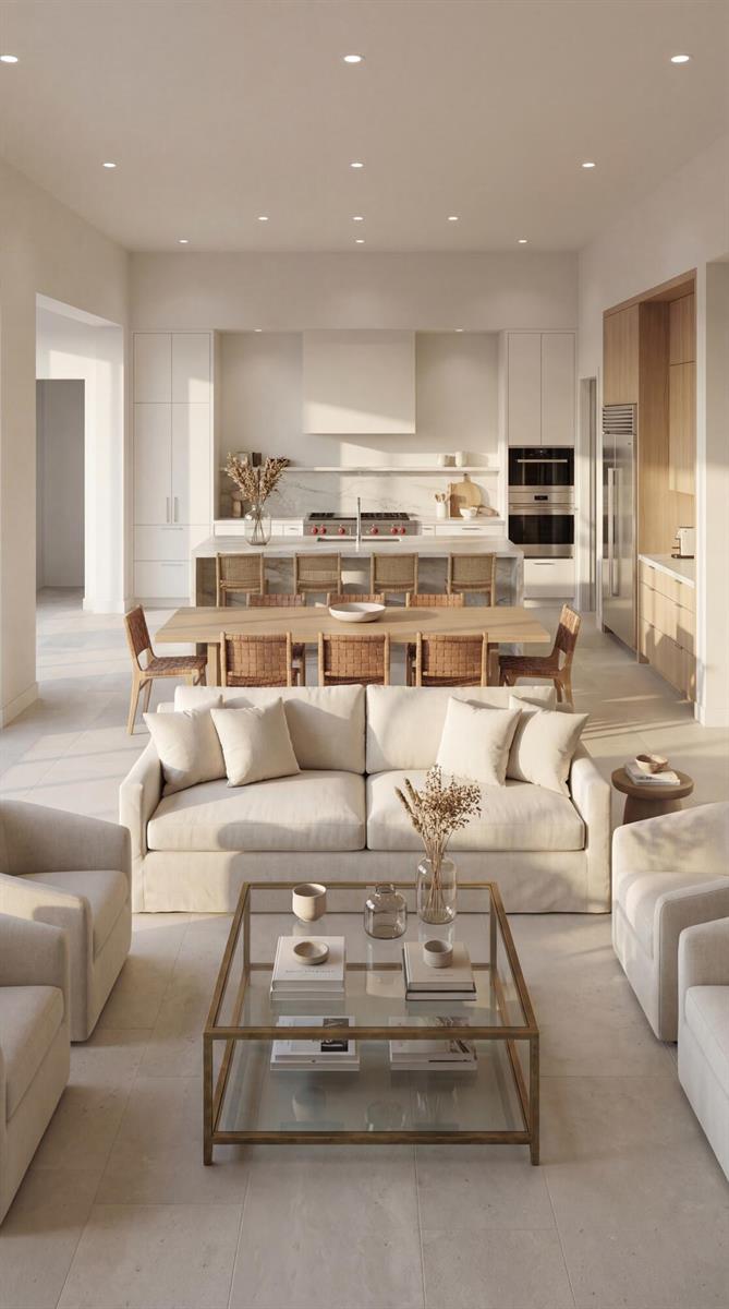 This is a rendering of an open-concept living room, dining area, and kitchen with neutral finishes — 117 W Village Way, Jupiter FL 33458, JUPITER, FL