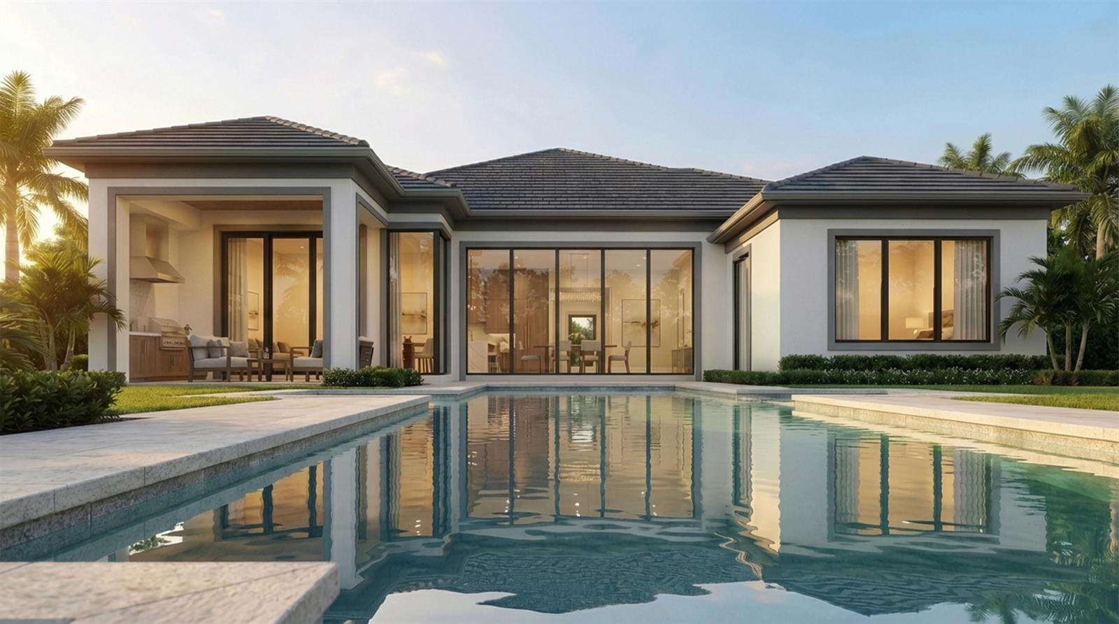This architectural rendering shows a modern single-story house with a pool and outdoor patio — 117 W Village Way, Jupiter FL 33458, JUPITER, FL