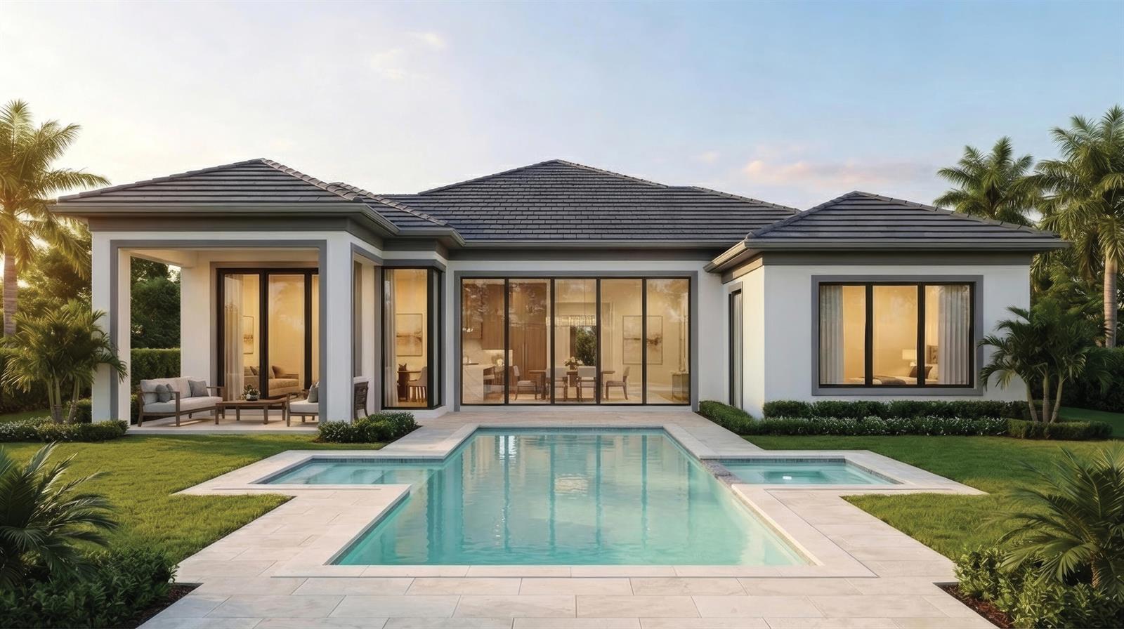 This architectural rendering shows the rear exterior of a modern house with a swimming pool — 117 W Village Way, Jupiter FL 33458, JUPITER, FL