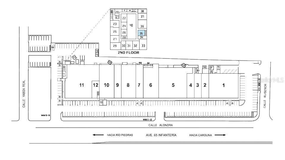 This is a site plan showing the layout of a commercial building and parking area — 90 ALONDRA ST., SAN JUAN, PR