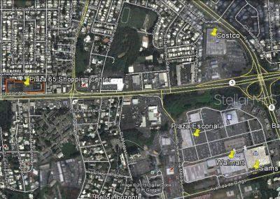 This is an aerial map showing the locations of various shopping centers and retail stores — 90 ALONDRA ST., SAN JUAN, PR