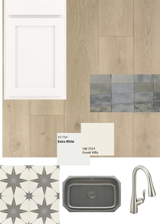 This digital design board displays samples of flooring, cabinetry, tile, paint colors, and kitchen fixtures — 6416 JENSEN VIEW AVENUE, APOLLO BEACH, FL