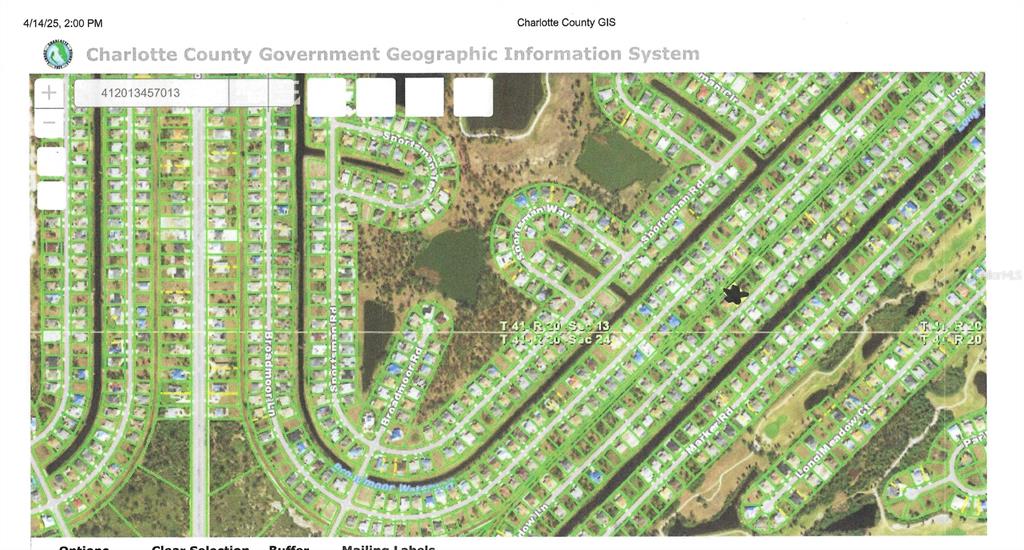 This is a satellite map view of a residential neighborhood in Charlotte County — 73 LONG MEADOW LANE, ROTONDA WEST, FL