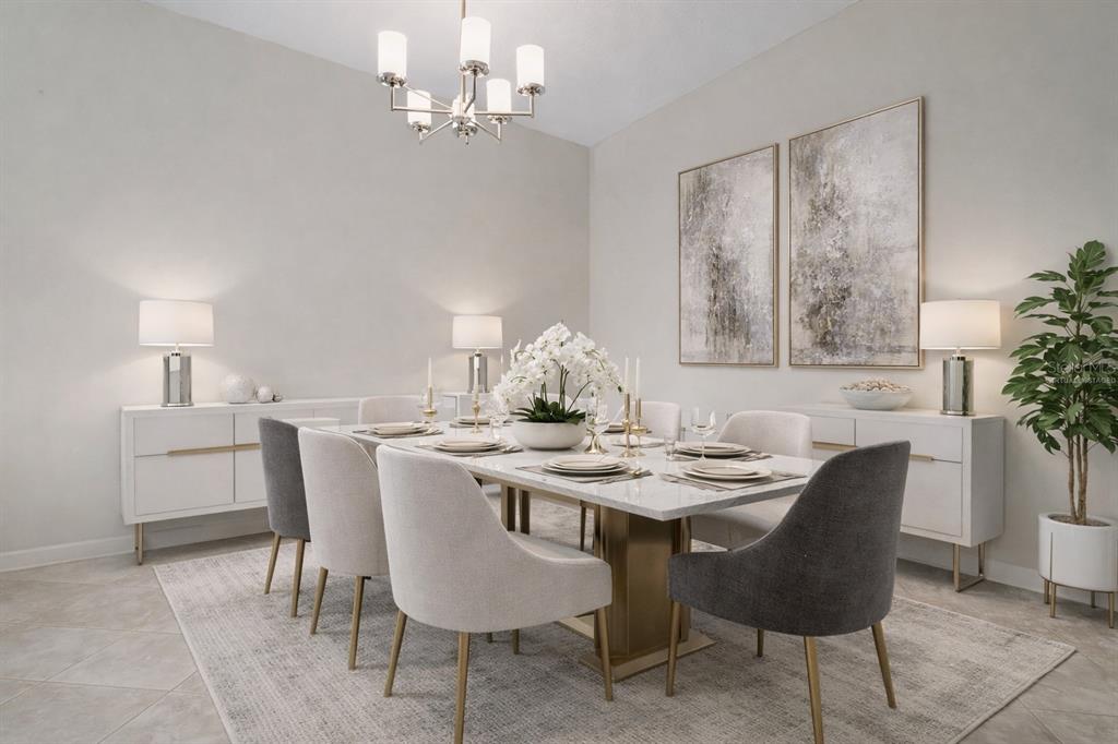 A virtual staging rendering of a formal dining room with a marble table and chairs — 4628 CORTLAND DRIVE, DAVENPORT, FL
